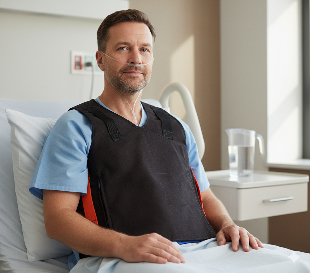 The male patient wearing this medical vest in a hospital environment.