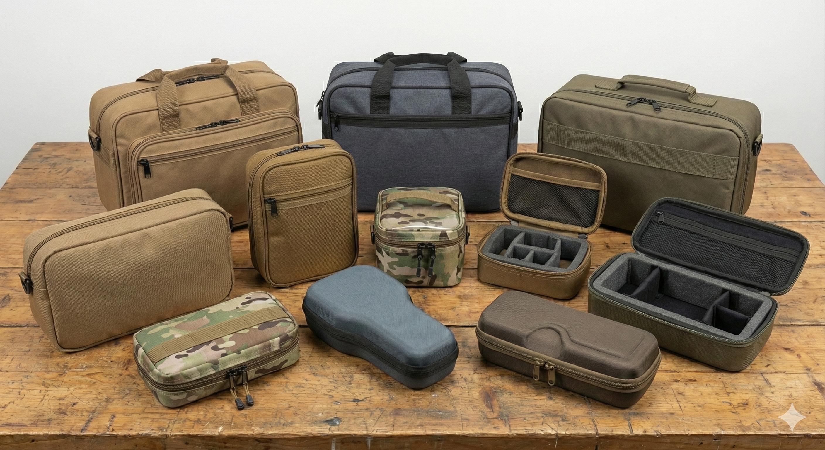  Assorted tactical soft cases on a wooden table.