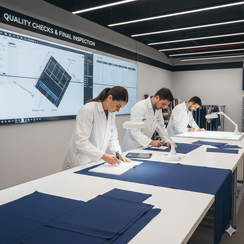 Three people in lab coats conduct quality checks on dark blue fabric using clipboards and magnifying lamps under a large screen displaying technical inspection diagrams.