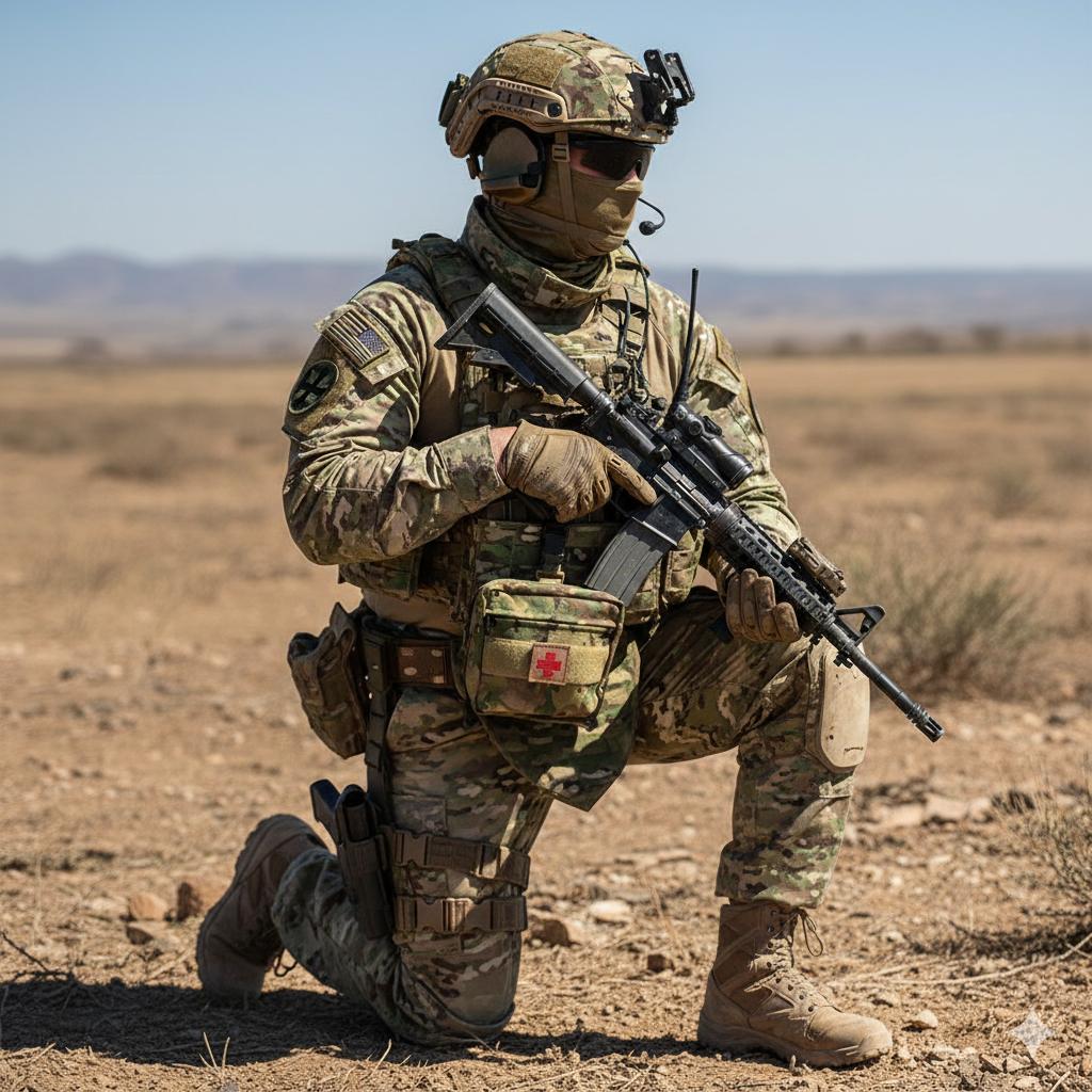 A US soldier using the tactical military bag in the field. 