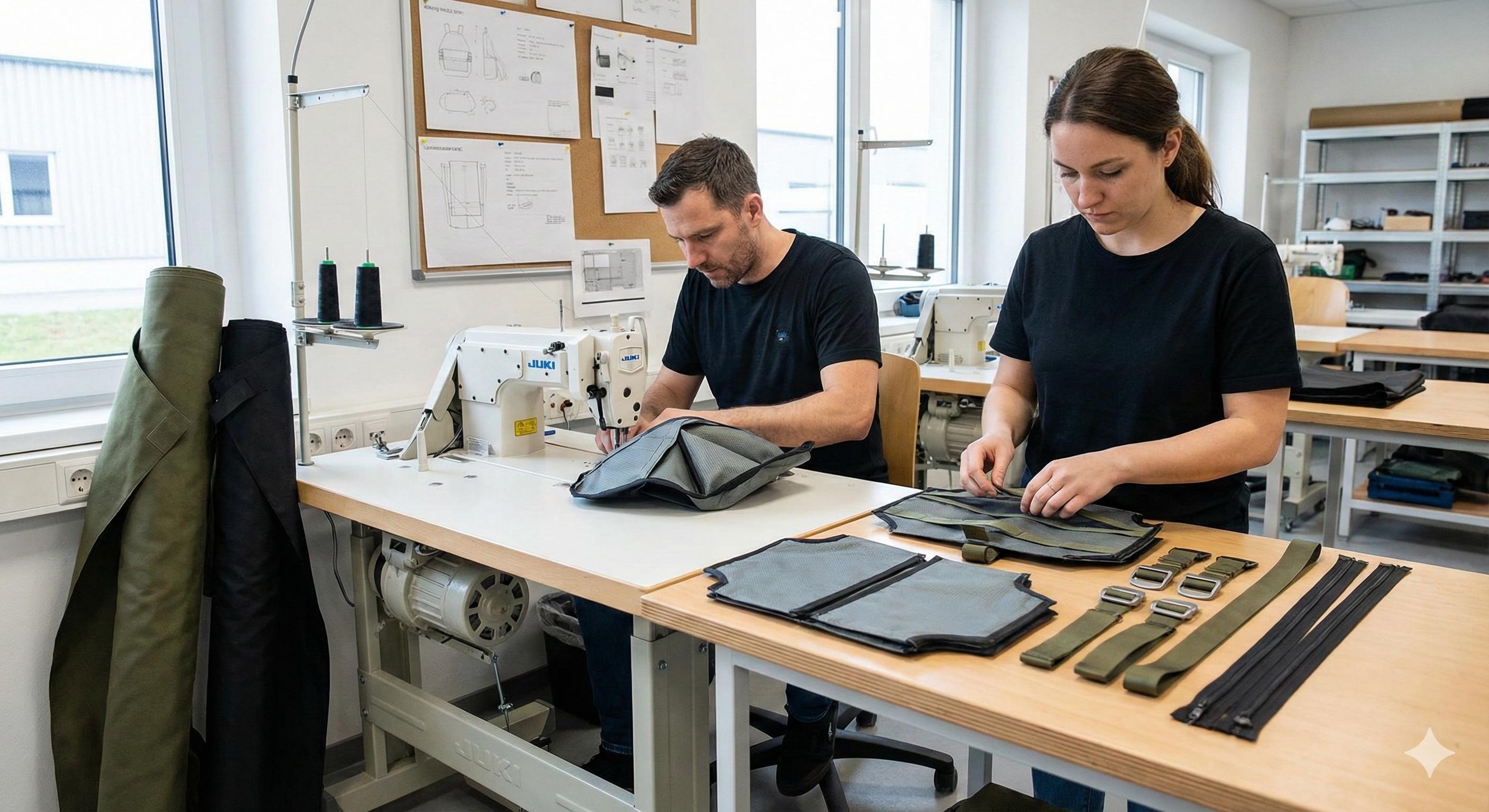 Prototype sewing in progress at a US-based industrial manufacturing facility