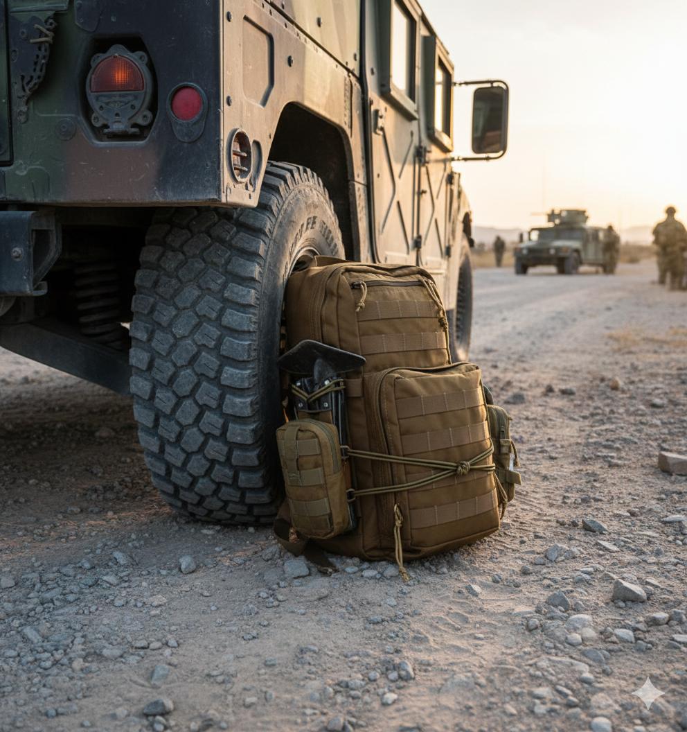 Fieldtex backpack perched against a military vehicle