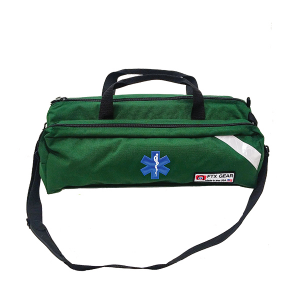 red courier bag with metal strap fastener and logo