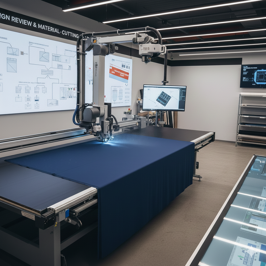 An automated industrial cutting machine precisely cuts dark blue fabric on a large table.