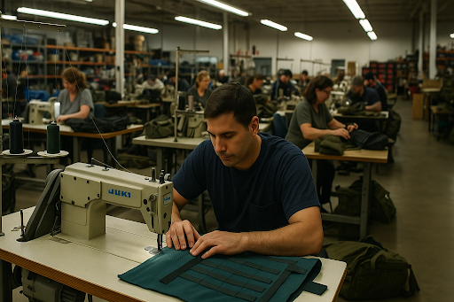 Operator sewing tactical gear on a JUKI machine inside a U.S.-based heavy-duty sewing facility