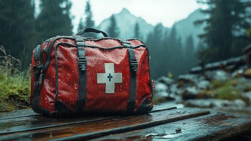 Red waterproof medical bag with a white cross, sitting on a wet wooden surface in a rainy outdoor setting.