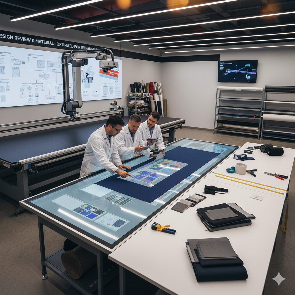 Three men in white lab coats review digital designs and fabric material on a large interactive table.