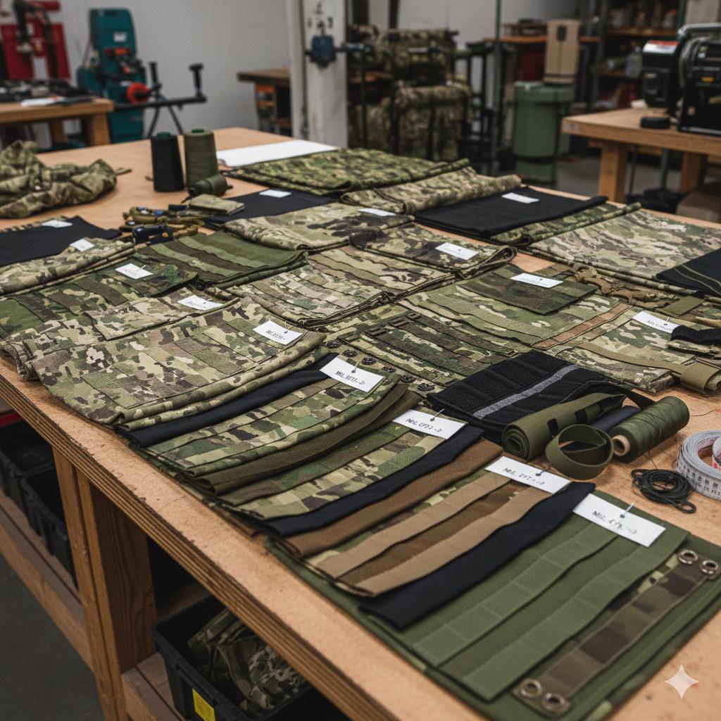 Mil-spec fabrics displayed on the table